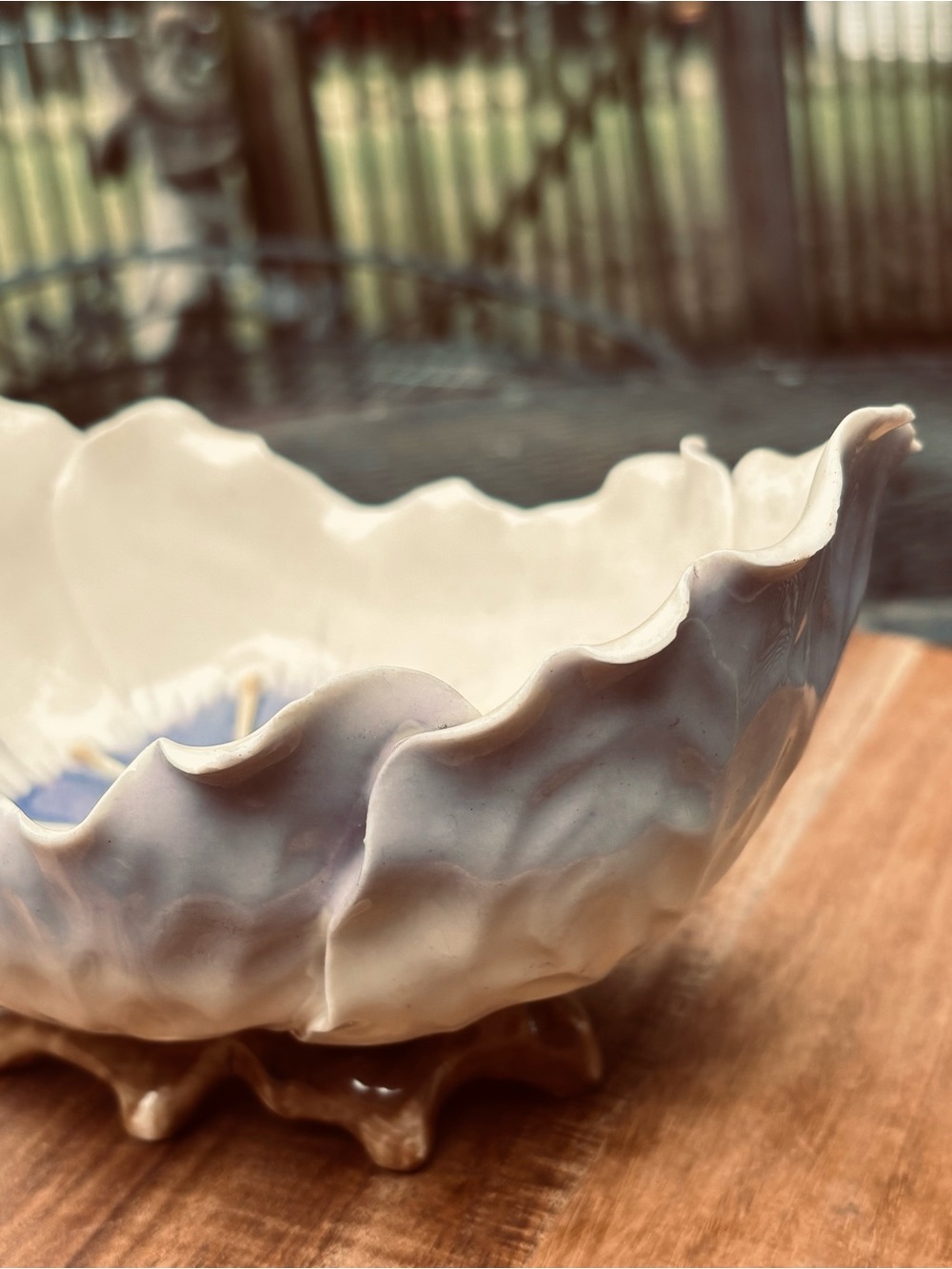 Austrian Ceramic Flower Bowl in White with Blue and Orange Accent - Picture 3 of 6